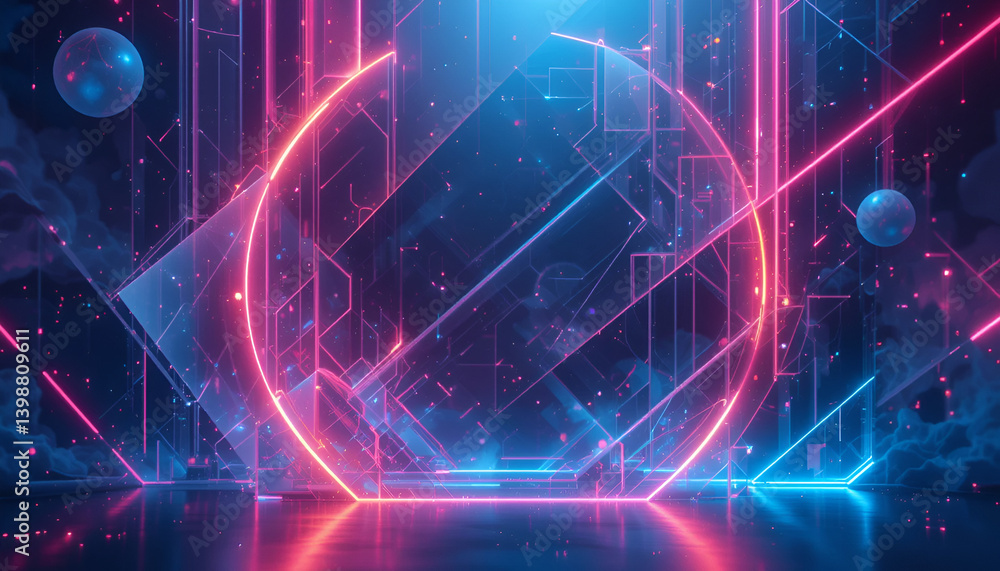 Poster create a digital image of abstract geometric shapes with vibrant neon outlines floating in a dark, c