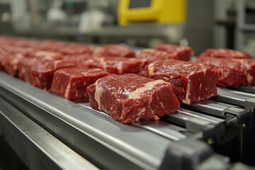 Fototapeta premium Steaks lined up on a conveyor belt in a processing facility