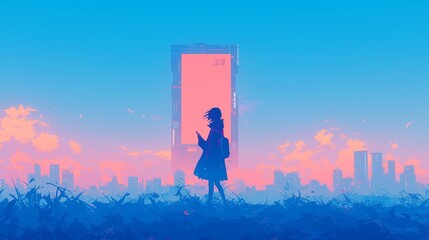 Anime Traveler in Foggy Cyber-City, a lone figure navigates a misty urban landscape at dawn, phone in hand, illuminated by cool neon hues and bold graphic lines.