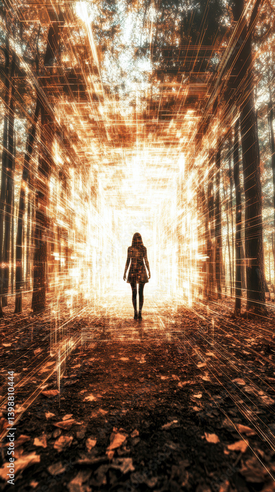 Poster Stepping Onto a Digital Path as Reality Shifts Into a Pixelated Dimension in an Enchanted Forest