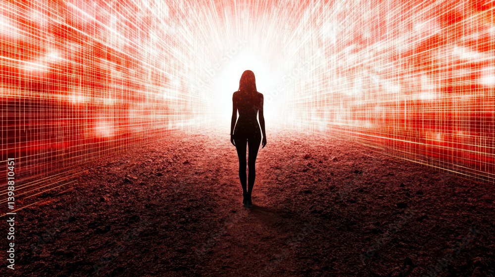 Poster stepping into the unknown where reality meets digital dimensions amidst a shining pathway