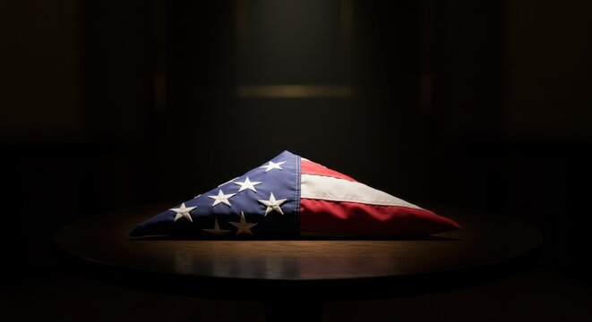American flag displayed in a respectful arrangement on a table  