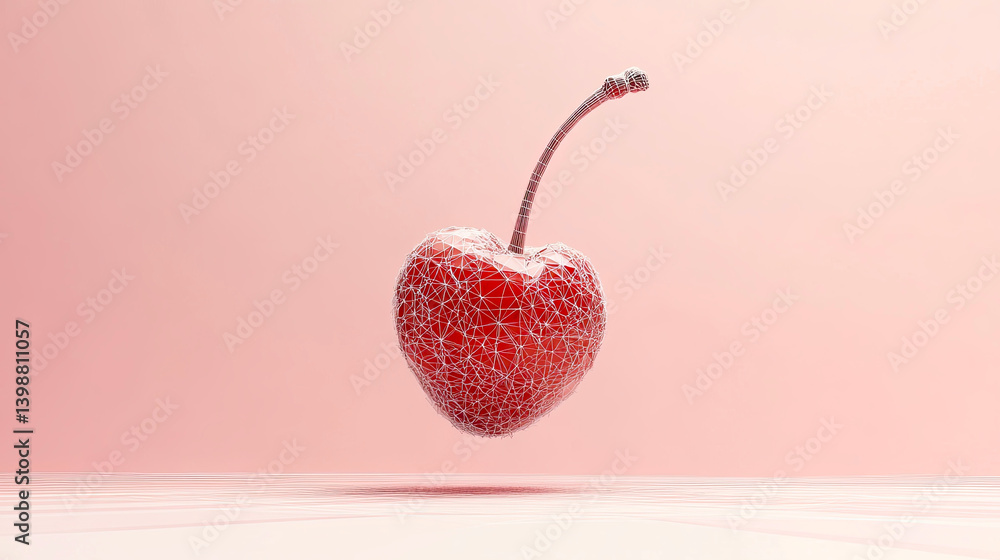Poster delicate wireframe cherry floating against a soft pastel background in minimalistic design