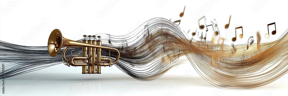 Poster golden trumpet flowing with music notes in an artistic representation of jazz movement