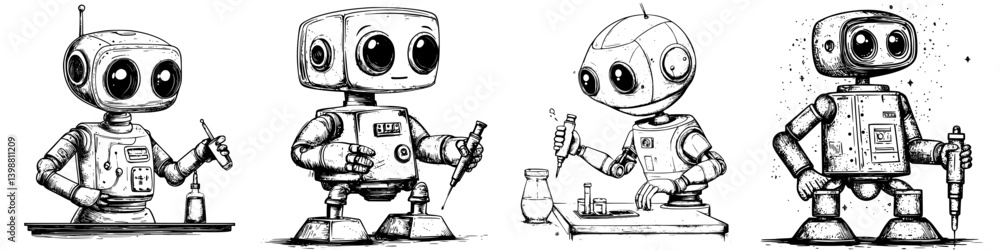 Poster cute robots engaging in science experiments in a creative laboratory setting