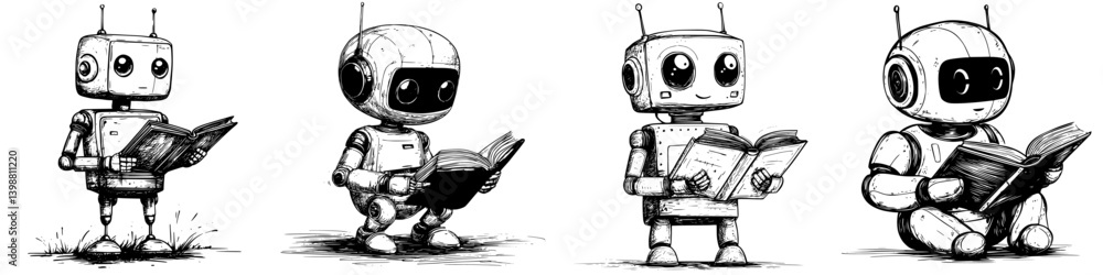 Poster robots engaged in reading books showcasing different expressions of curiosity and joy in a playful a