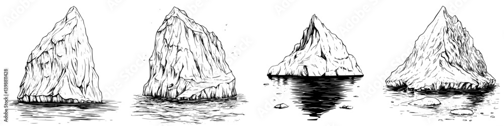Poster Illustration of Icebergs in Various Angles Highlighting Surface Structures and Reflection in Water