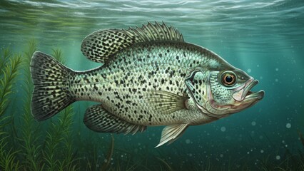 Fototapeta premium A detailed and high-resolution image of a Black Crappie (Pomoxis nigromaculatus), showcasing its distinctive dark spots and deep, laterally compressed body. Perfect for educational, fishing, and wildl