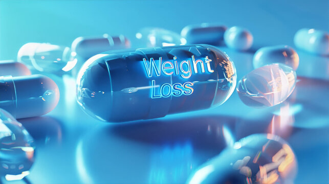 Weight loss capsules on a blue background showcasing health and wellness, promoting effective weight management solutions for a healthier lifestyle concept
