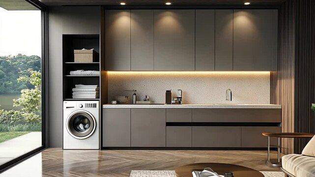 Modern Laundry Room with Lake View and Relaxing Atmosphere