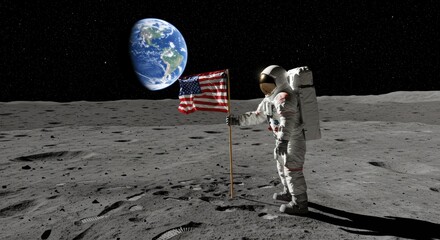 Astronaut planting American flag on moon against Earth backdrop  
