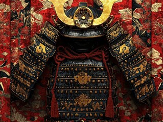 Obraz premium Detailed Samurai Armor: Intricate golden designs adorn a dark blue and red suit against a vibrant floral backdrop, exuding tradition.