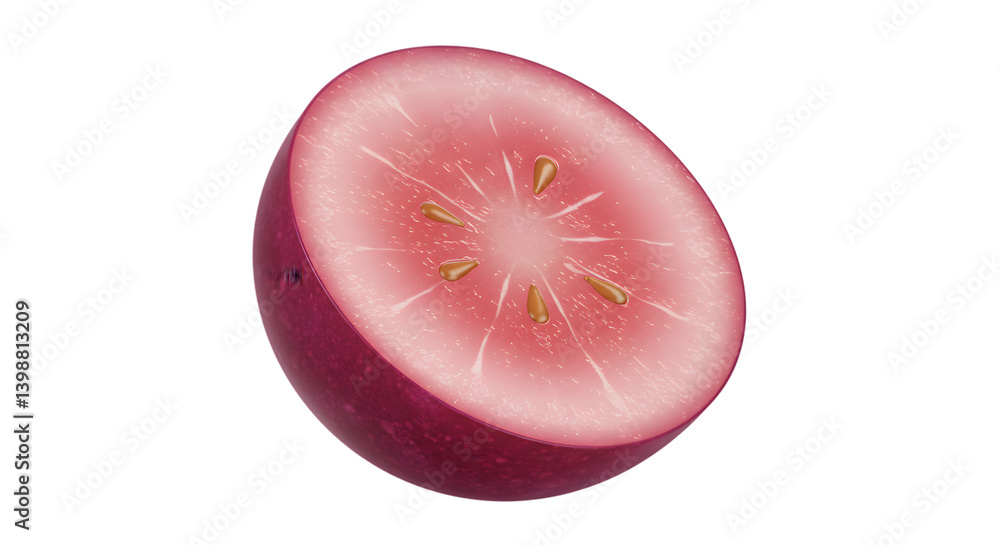 Aufkleber a halved red grape with visible seeds and pulp against a plain black background in a studio shot