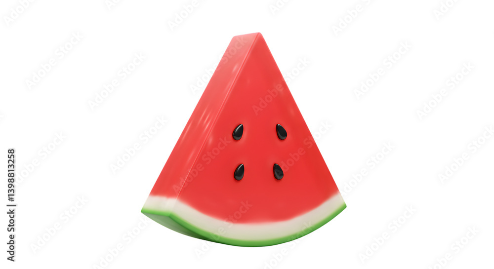 Poster a triangular slice of watermelon with red flesh black seeds and a green rind on a black background