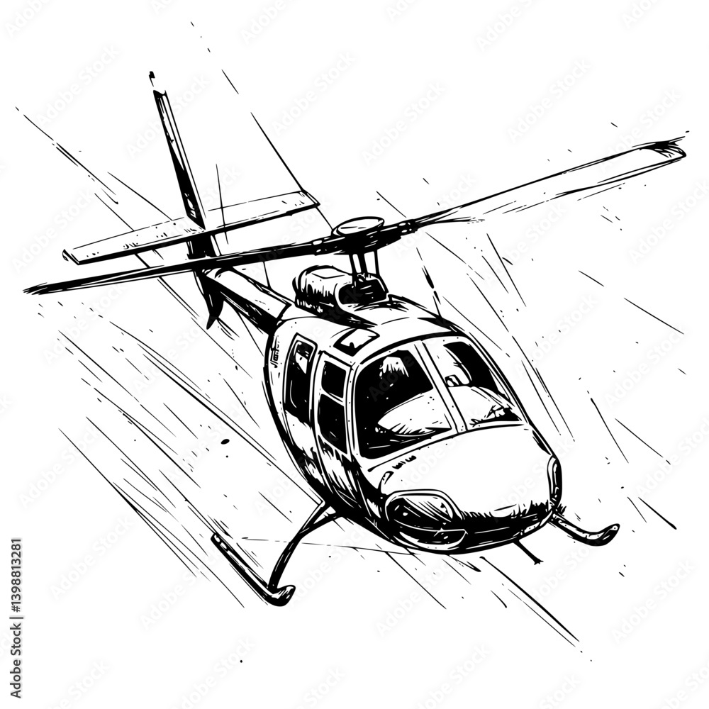 Poster helicopter in flight above a landscape during the day showcasing its swift descent and rotor movemen