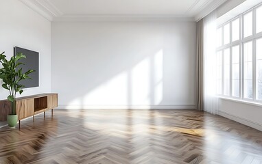 3D rendering of a living room interior design with a white wall mockup and a wooden parquet floor