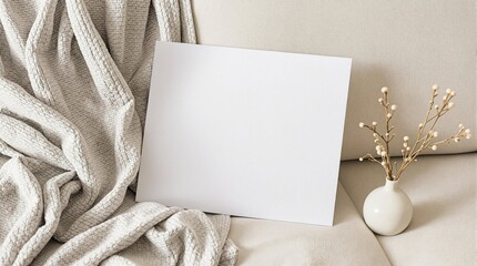 A white card is on a couch with a vase of flowers next to it