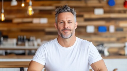 Fototapeta premium Mid-adult man sits in a cafe, portrait
