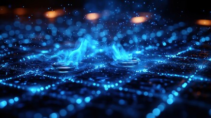 Abstract digital flames on a futuristic technology surface.  A mesmerizing display of glowing, blue 