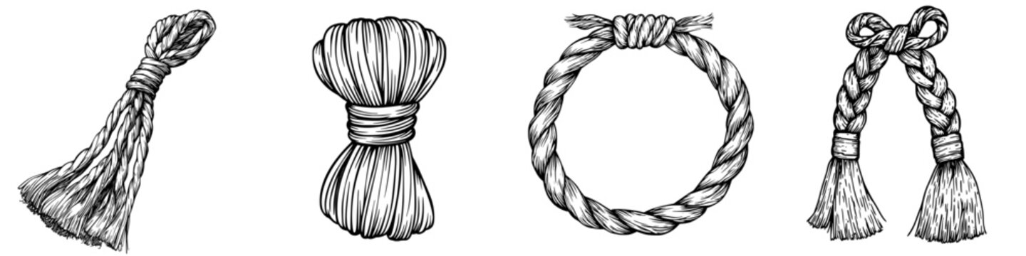 Different types of ropes and knots displayed in a traditional style for craft and outdoor activities