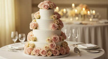 Fototapeta premium Elegant wedding cake decorated with roses on a banquet table 