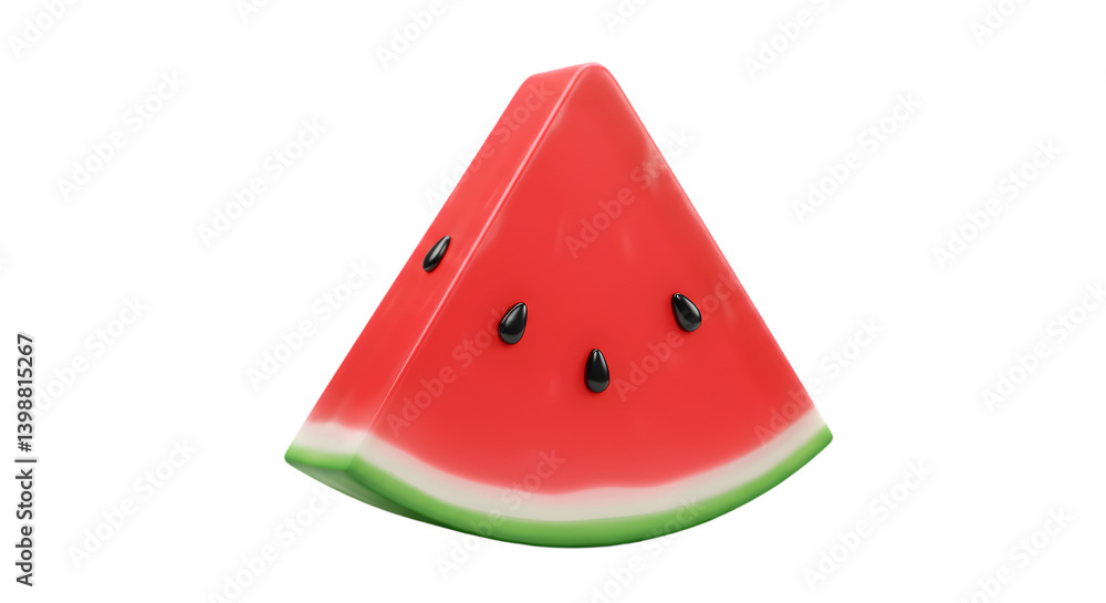 Poster a close up of a triangular slice of watermelon with seeds on a black background in studio lighting