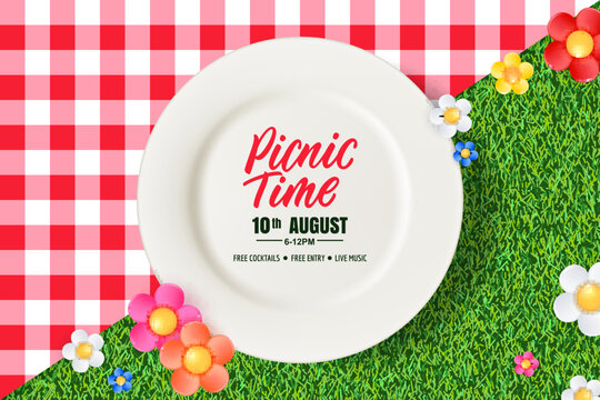 Picnic banner, poster design with empty white plate on tablecloth on grass background. Vector realistic illustration