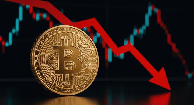 A Bitcoin coin is shown in front of a falling red arrow and a declining stock chart. perfect for cryptocurrency concepts, finance blogs, investment websites, and digital marketing materials. - Powered by Adobe