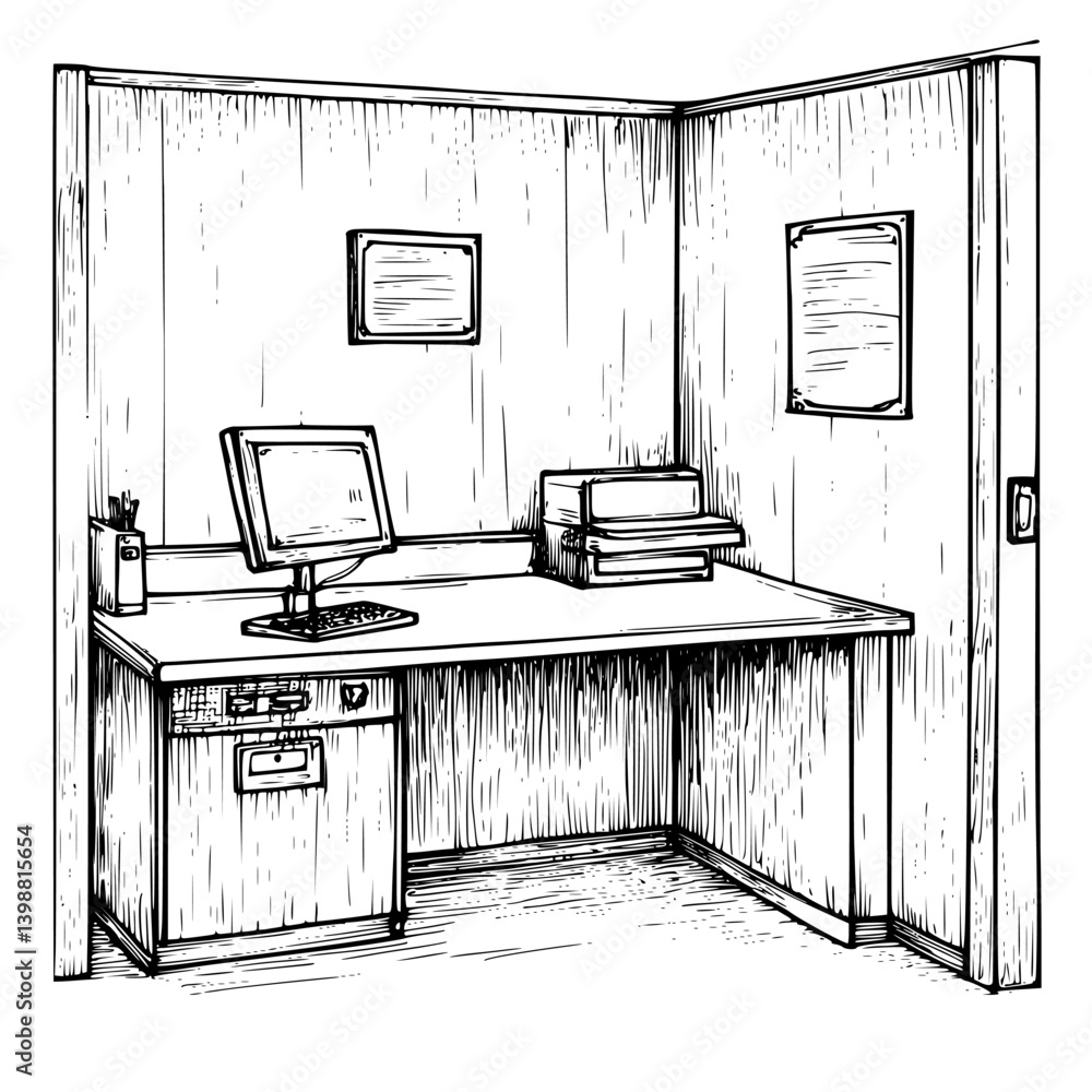 Poster workspace setup in a simple office with computer and printer on a wooden desk during daylight hours