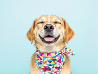 A dog is wearing a colorful bandana and is smiling