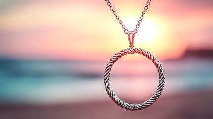 A delicate twisted circle pendant hangs against a beautiful sunrise backdrop.