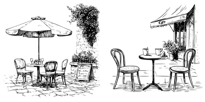 Outdoor cafe setting with sketch-style tables and chairs during a sunny day