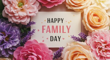 Happy Family Day greeting surrounded by colorful flowers  
