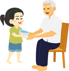 happy children young girl and granfather elderly character pouring water Songkran day festival cartoon illustration design