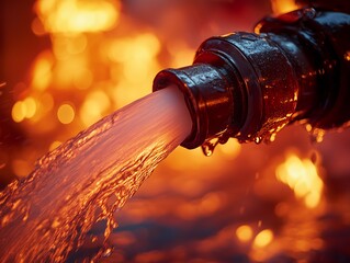 Firehose Nozzle Releasing Water to Combat Flames in a Dramatic Display