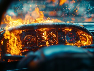 Macro Shot of Burning Toy Car Interior Showcases Intense Flames