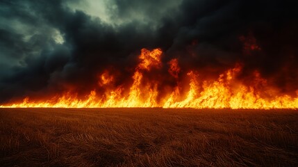 Fototapeta premium Intense Flames Engulfing a Dry Field Under Darkened Skies