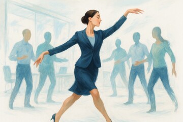Obraz premium Graceful Businesswoman Leading Team Building Through Dance, Elegant Choreography in a Professional Setting