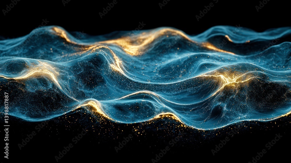 Poster abstract wavy patterns of glowing particles. dynamic interplay of light blue and gold