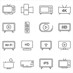 Collection of minimalist icons representing various TV types, including 4K, HD, and smart TVs with remote control and video play symbols
