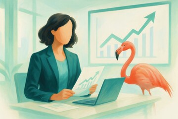 Faceless Business Woman in her 30s Reviewing Quarterly Graphs with Flamingo, Trend Analysis in Pastel Studio