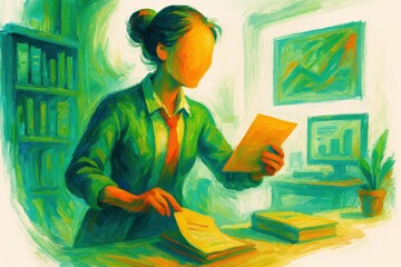 Faceless Librarian Expertly Handling Business Project Information, Vivid Digital Art Style