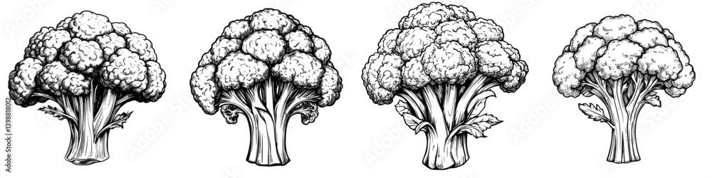 Poster Multiple illustrations of broccoli in different styles and shading techniques showing natural vegetables in a creative format