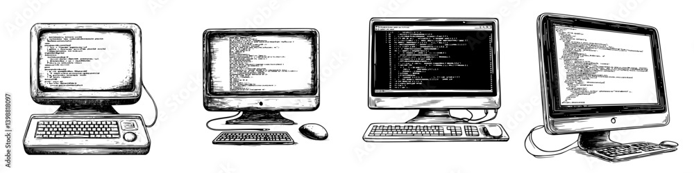 Poster evolution of computer monitors showcasing various coding interfaces and technology advancements from