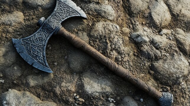 Close up of a detailed viking axe resting on a rocky surface with intricate knotwork designs visible