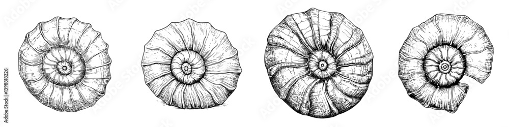 Poster various detailed illustrations of ammonite fossils showcasing distinct spiral shapes and patterns