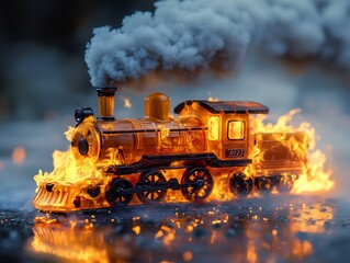 Bright Flames Engulf Burning Plastic Train Model in Dramatic Display