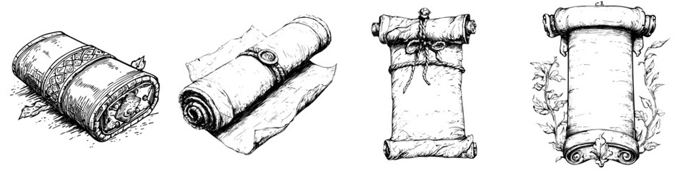 Artistic scroll illustrations showcasing intricate designs and textures for creative projects and historical depictions