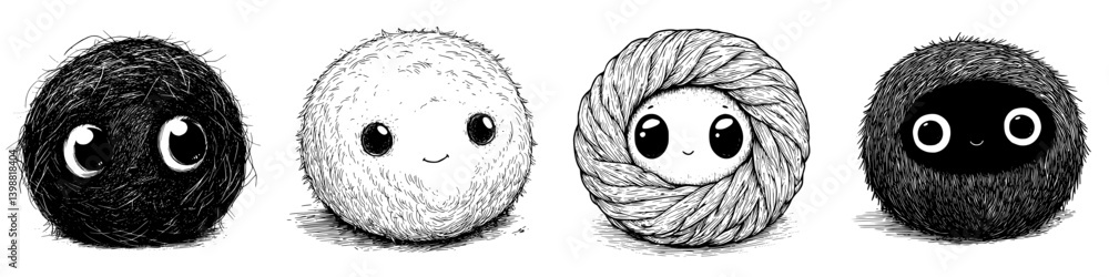 Poster cute character designs featuring fluffy balls with different textures and expressions on a white bac