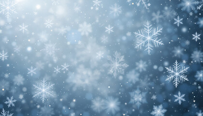 Fototapeta premium A serene and frosty scene of numerous delicate snowflakes falling against a soft, blurred blue background with subtle light.